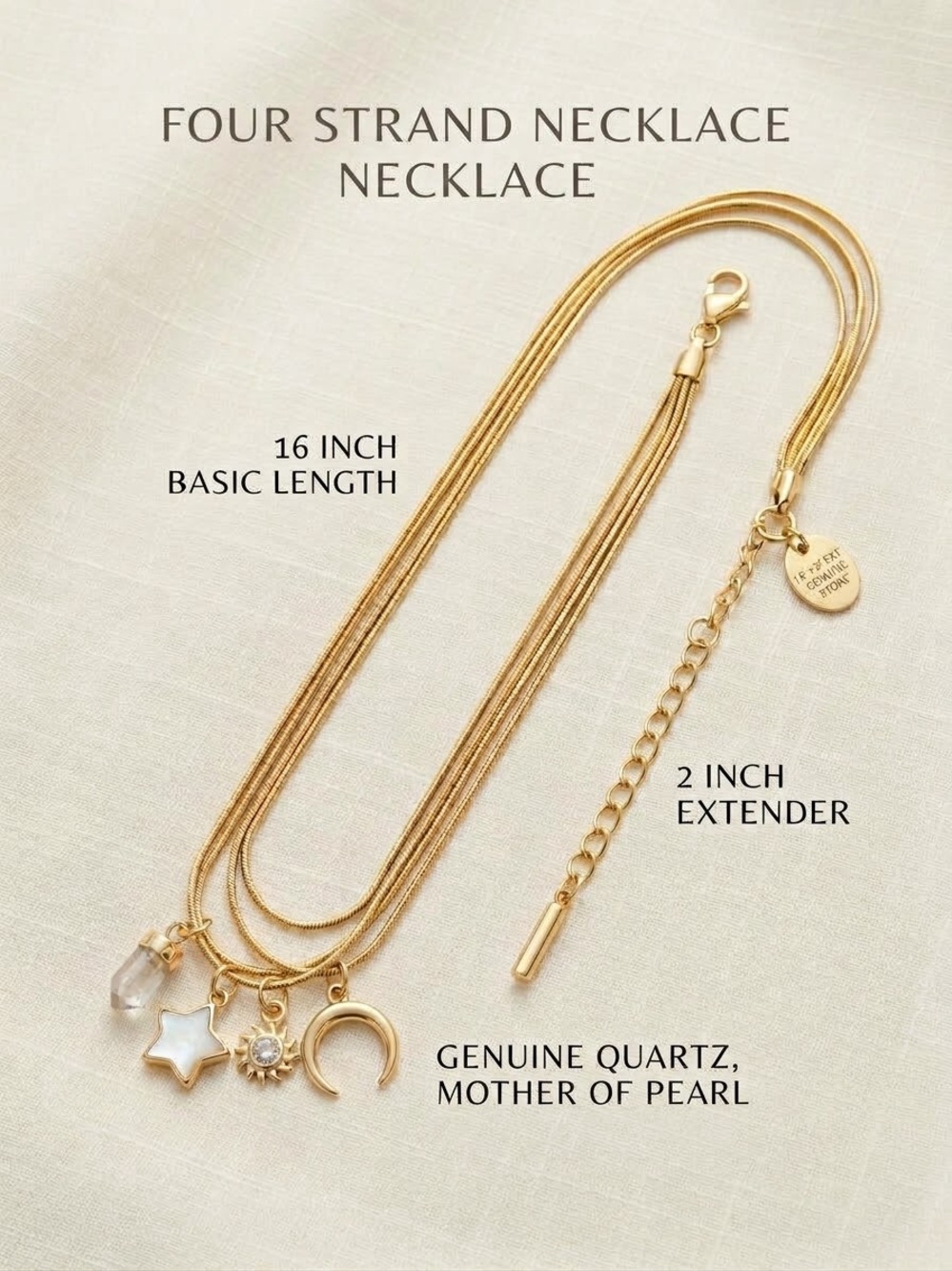 Luna Norte Gold Four-Strand Necklace w Quartz, Mother of Pearl & Star Moon charm